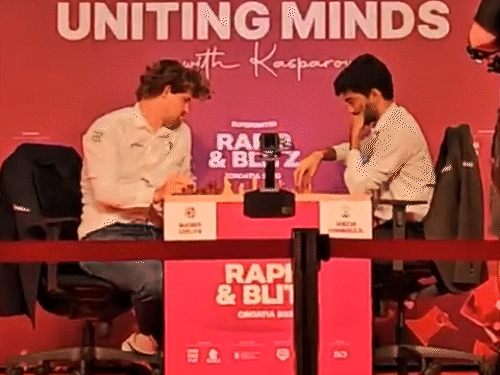 वर्ल्ड चैंपियन गुकेश ने नंबर वन कार्लसन को फिर हराया:एक महीने में लगातार दूसरी जीत; ग्रैंड चेस टूर्नामेंट के छठे राउंड में दी मात